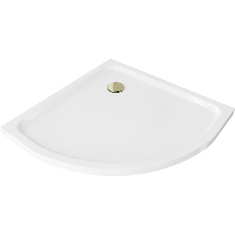 MEXEN/S - Flat sprchová vanička štvrťkruhová slim 70 x 70, biela + zlatý sifón 41107070G