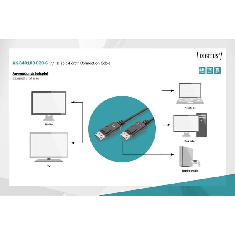 Digitus Pripojovací kábel DisplayPort 1.2, DP M/M, 3,0 m, so západkou, Ultra HD 4K, bl 4