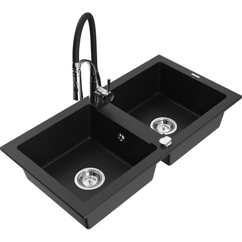 MEXEN/S MEXEN/S - Mario granitový drez 2-bowl vrátane batérie Aster, čierna 6504-77-73450-07