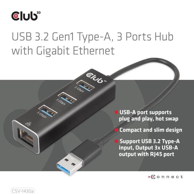 Club3D Rozbočovač, USB-A 3.2 Gen1 na 3x USB 3.1, Gigabit Ethernet 2