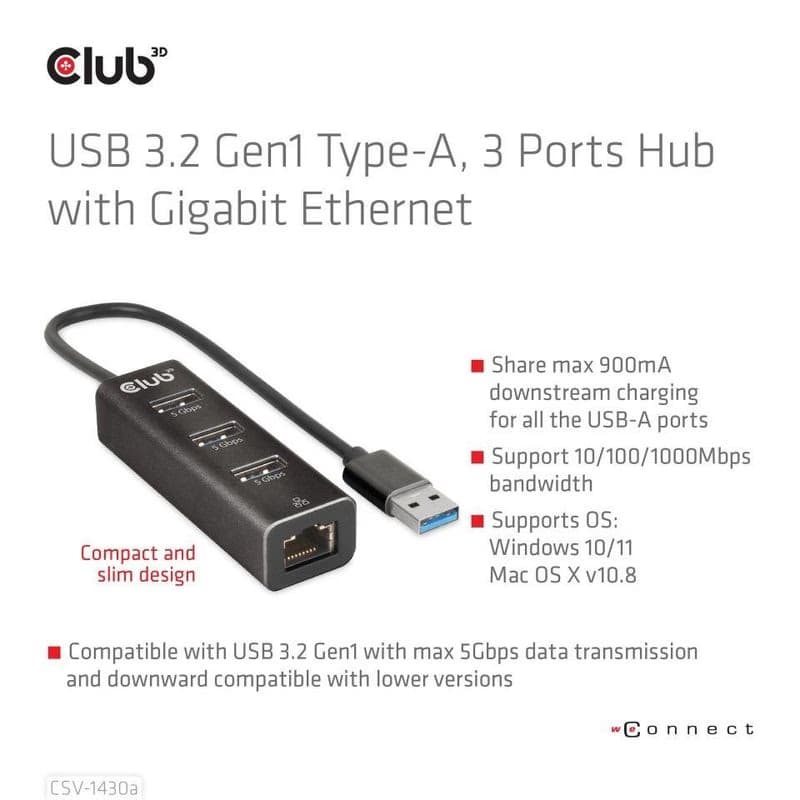 Club3D Rozbočovač, USB-A 3.2 Gen1 na 3x USB 3.1, Gigabit Ethernet 3