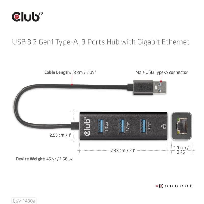 Club3D Rozbočovač, USB-A 3.2 Gen1 na 3x USB 3.1, Gigabit Ethernet 4