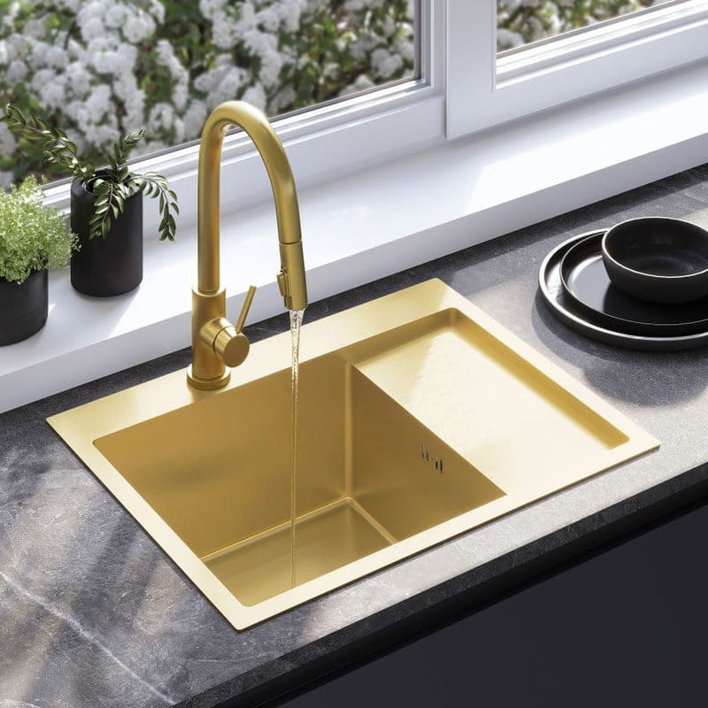 REA REA - Oceľový drez Fín BRUSH GOLD s kuchynskou batériou KPL-96013