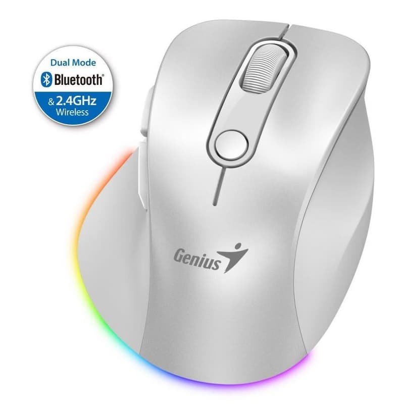 Genius Ergo 9000S Pre Myš, bezdrôtová, optická, 2400DPI, 6 tlačidiel, BT, 2,4GHz, USB-C nabíjanie, tichá, 7farebné podsvietenie, biela
