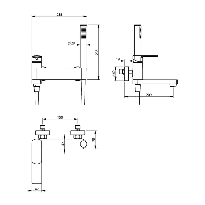 SAPHO - MIXONA nástenná vaňová batéria s ručnou sprchou, otočné ramienko, chróm MG110 2