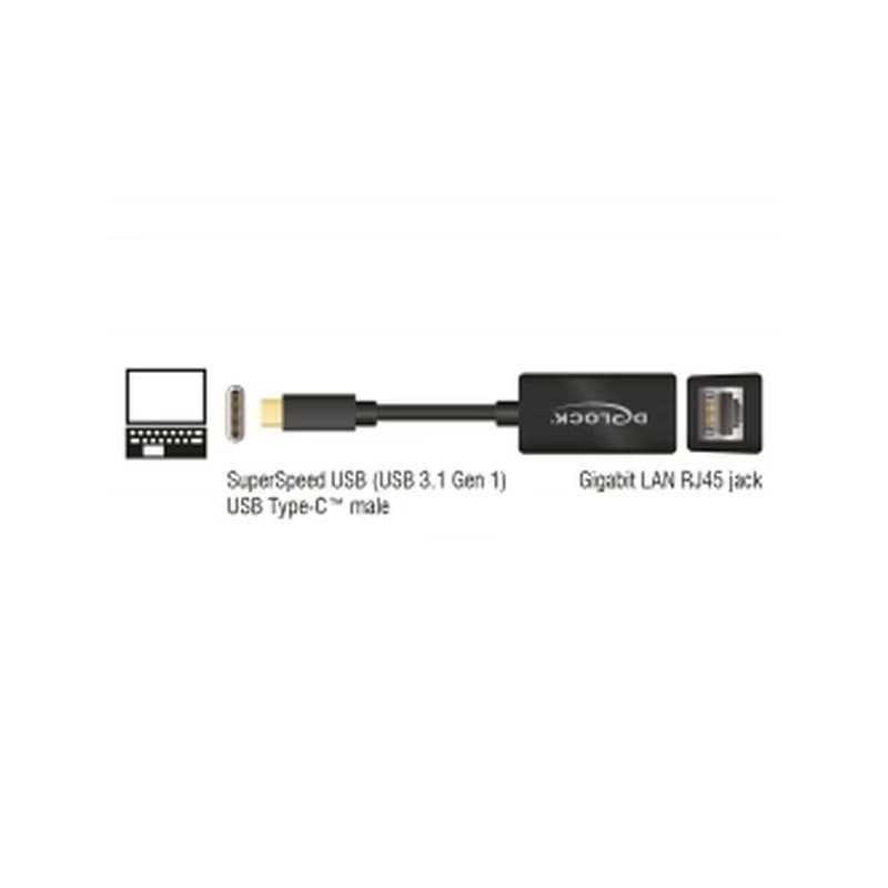 Delock Adaptér Super Speed USB (USB 3.1 Gen 1) s USB Type-C™ samec > Gigabit LAN 10/100/1000 Mbps kompaktný čierny 3