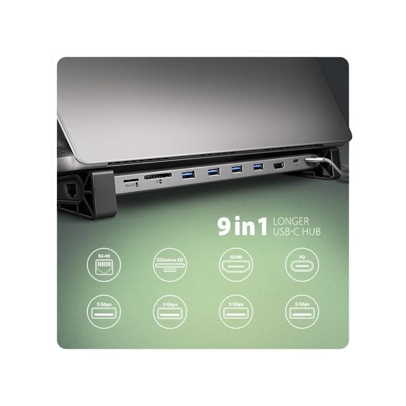 AXAGON HMC-10HLS, USB 5Gbps húb, 4x USB-A, HDMI 4k/60Hz, RJ-45 GLAN, SD/mSD, PD 100W, kábel USB-C 25cm 2