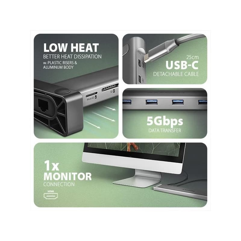 AXAGON HMC-10HLS, USB 5Gbps húb, 4x USB-A, HDMI 4k/60Hz, RJ-45 GLAN, SD/mSD, PD 100W, kábel USB-C 25cm 4
