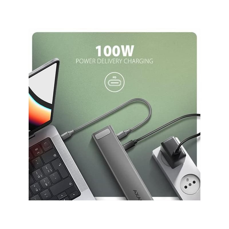 AXAGON HMC-10HLS, USB 5Gbps húb, 4x USB-A, HDMI 4k/60Hz, RJ-45 GLAN, SD/mSD, PD 100W, kábel USB-C 25cm 5