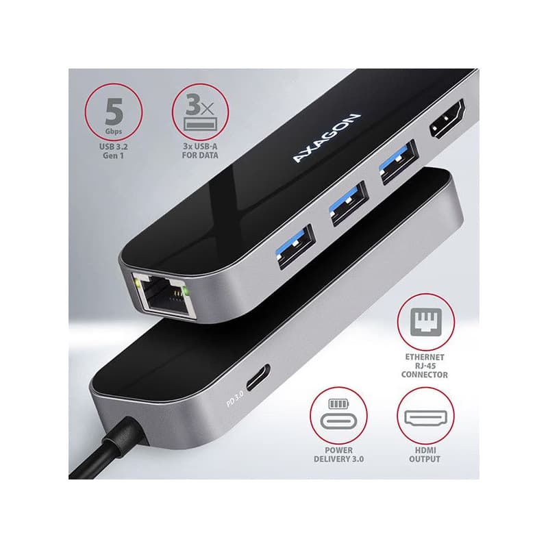 AXAGON HMC-6GL, USB 3.2 Gen 1 húb, porty 3x USB-A, HDMI, RJ-45 GLAN, PD 60W, kábel USB-C 20cm 2