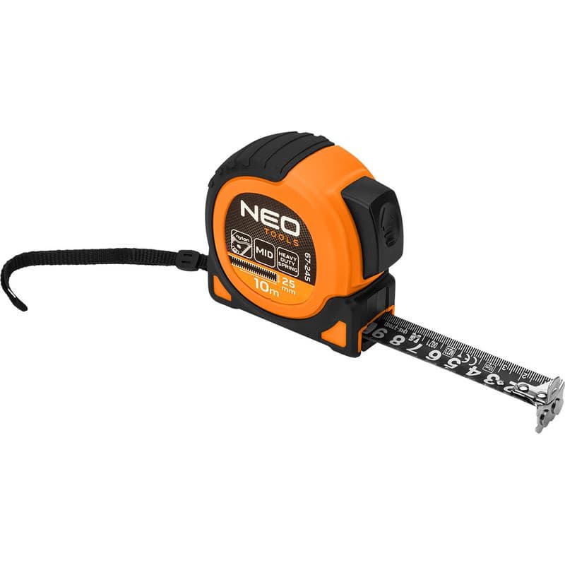 NEO TOOLS Super čierna oceľová valcová miera 10 m x 25 mm, automatické blokovanie, dve tlačidlá na zastavenie, magnet 67-245 1