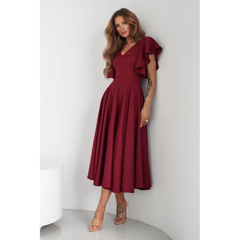 Warsaw Dress Bordové midi šaty s volánovými rukávmi Veľkosť: XXXL