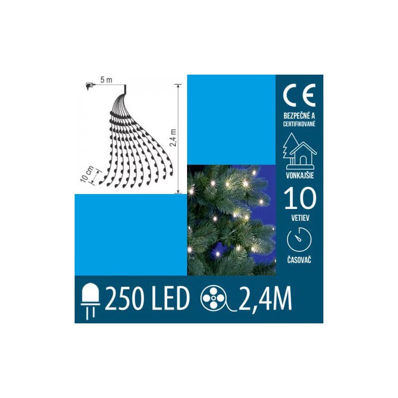 Vianočný led zväzok svietiacich reťazcov s časovačom - 10 reťazcov po 25ks led - 2,4m - studená biela