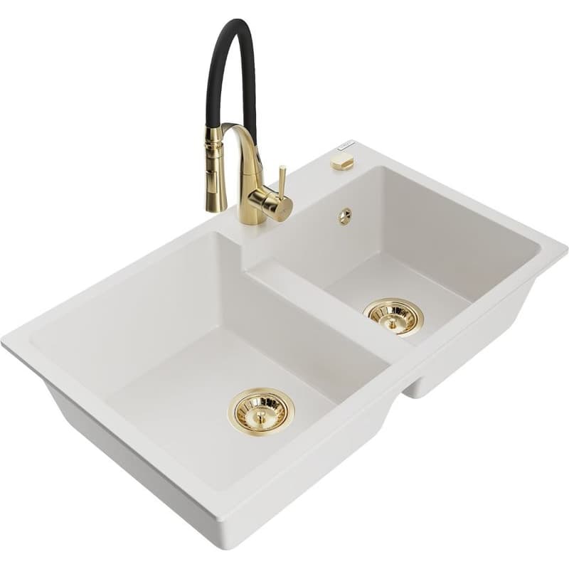 MEXEN/S MEXEN/S - Tomas granitový drez 2-bowl vrátane batérie Aster, biela 6516-20-73450-57-G 1