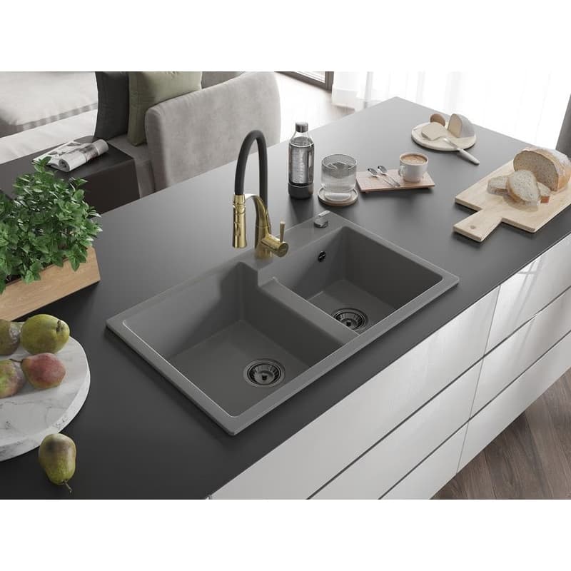 MEXEN/S MEXEN/S - Tomas granitový drez 2-bowl vrátane batérie Aster, šedá 6516-71-73450-57-B 2