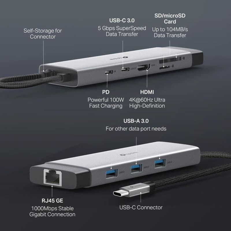 TP-Link UH9120C USB-C hub 9v1 (3xUSB3.2Gen1, 1xUSB-C3.2Gen1, 1xGbE, 1xHDMI, 1xSD, 1xmicroSD, PD 100W) 4
