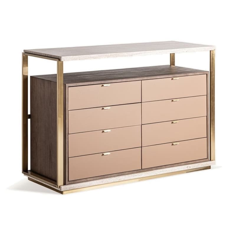 Estila Luxusná art deco obdĺžniková travertínová komoda Monia so zlatým kovovým rámom a ôsmimi zásuvkami z masívneho dreva 134 cm