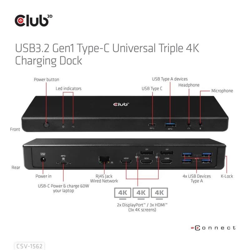 Club3D Dokovacia stanica USB-C 13v1, 2xDP, 3xHDMI, 1xUSB-C, 5xUSB, 1xRJ45, 1x3.5mm, čierna 3