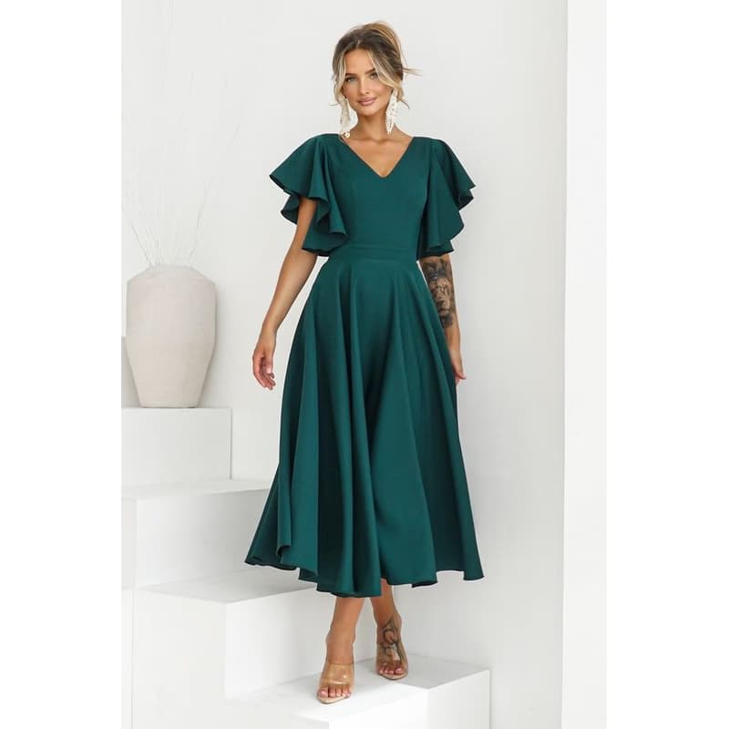 Warsaw Dress Smaragdové midi šaty s volánovými rukávmi Veľkosť: M