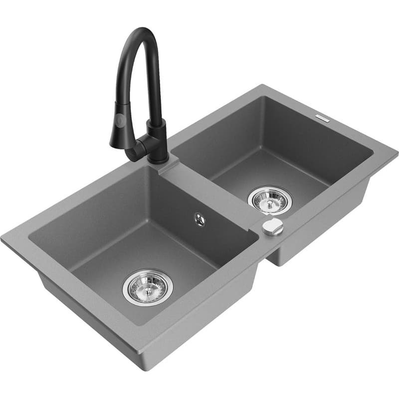 MEXEN/S MEXEN/S - Mario granitový drez 2-bowl vrátane batérie Elia, šedá 6504-71-670101-70