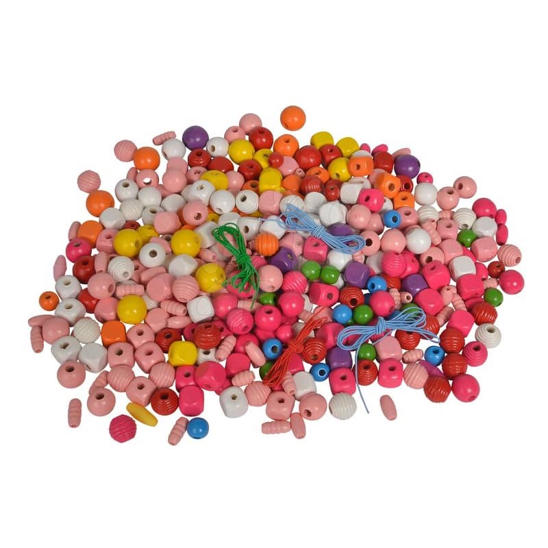Drevené koráliky na navliekanie Wooden Bead Set in Bucket Eichhorn rôznych farieb a tvarov, so šnúrkou a ukončením cca 360 dielov od 4 rokov