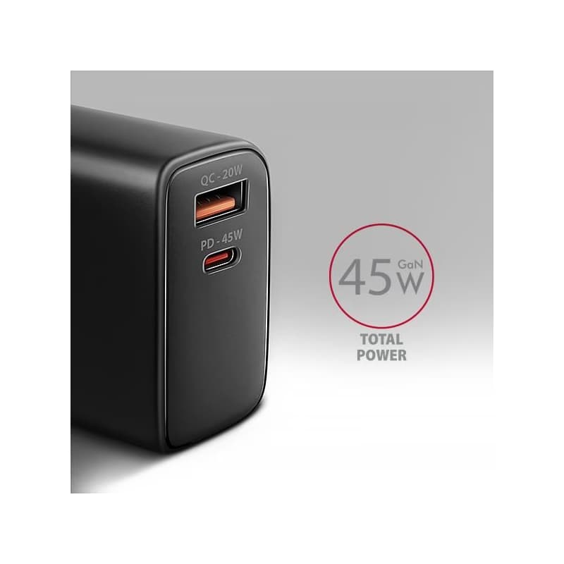 AXAGON ACU-PQ45 GaN nabíjačka do siete 45W, 2x port (USB-A + USB-C), PD3.0/PPS/QC4+/SFC 2.0/AFC/Apple 2