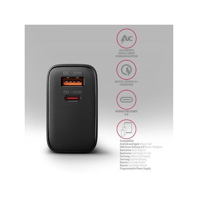 AXAGON ACU-PQ45 GaN nabíjačka do siete 45W, 2x port (USB-A + USB-C), PD3.0/PPS/QC4+/SFC 2.0/AFC/Apple 4