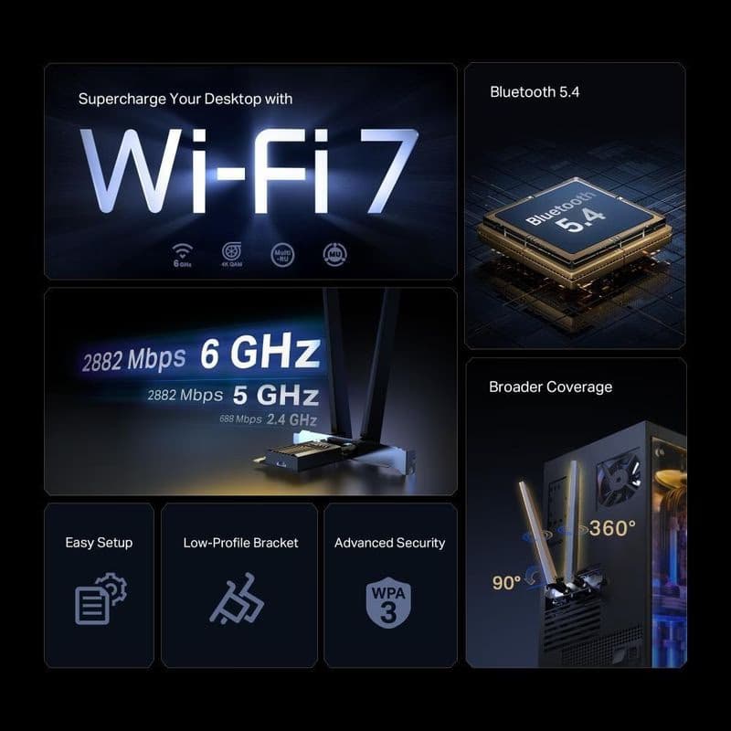 TP-Link Archer TBE400E WiFi7 PCIe adaptér (BE6500, 2, 4GHz/5GHz/6GHz, Bluetooth5.4) 2