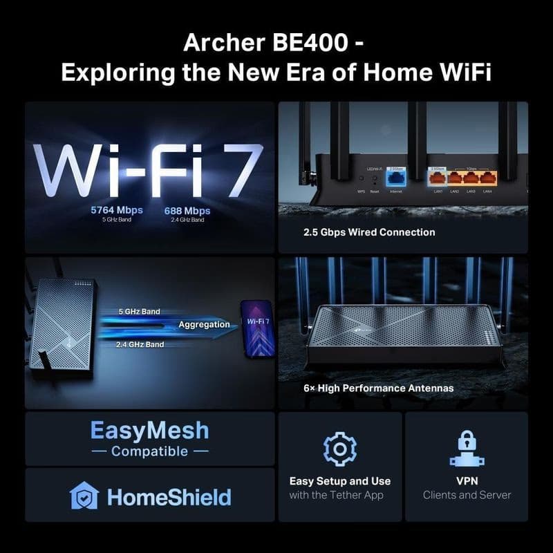 TP-Link Archer BE400 EasyMesh WiFi7 router (BE6500, 2, 4GHz/5GHz, 1x2, 5GbEWAN, 1x2, 5GbELAN, 3xGbELAN, 1xUSB3.0) 4