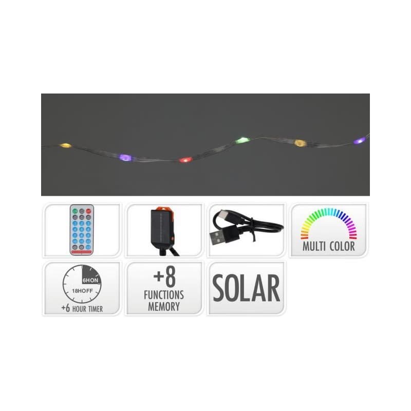 Kinekus Svetlo 240 LED reťaz, 12m, farebné solárne s časovačom, s funkciami