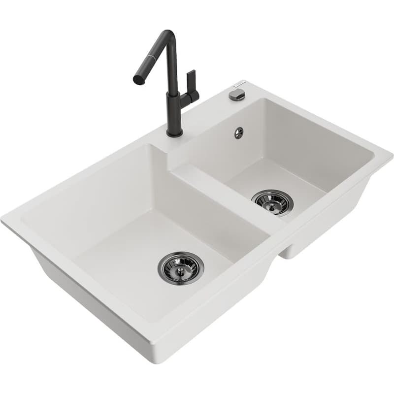 MEXEN/S MEXEN/S - Tomas granitový drez 2-bowl vrátane batérie Flora, biela 6516-20-670401-70-B