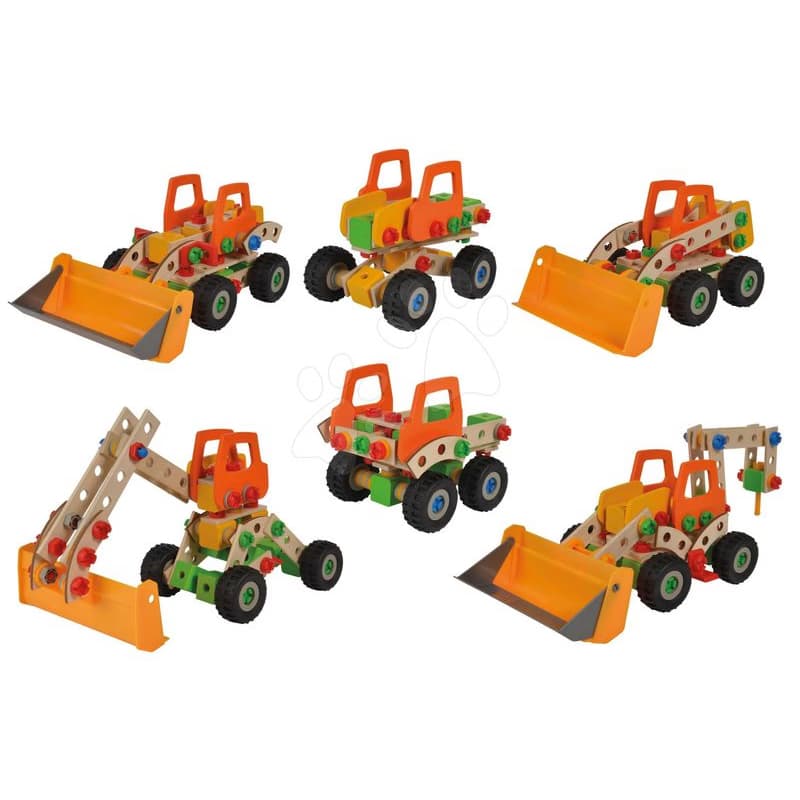 Drevená stavebnica nakladač Constructor Wheel Loader Eichhorn šesť modelov (nakladač, žeriav, pojazdný žeriav, nákladné auto, unimog, bigfoot) 140 dielov od 5 rokov 1