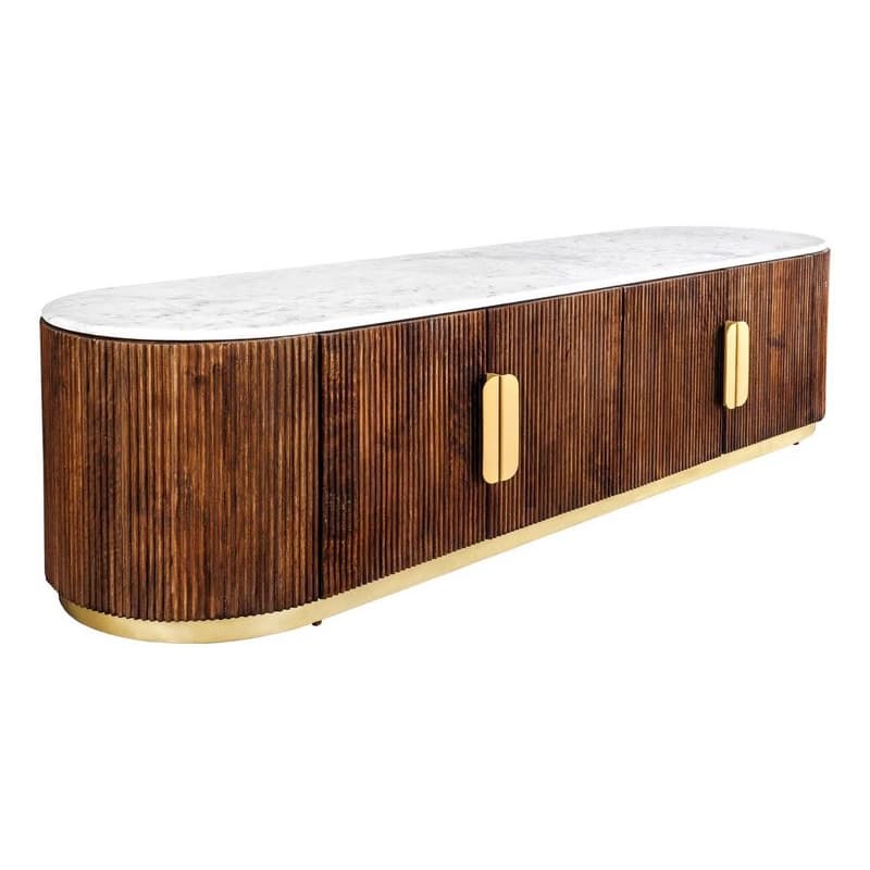 Estila Luxusný art deco oválny štvordverový TV stolík Gatsby z hnedého masívu s drážkovaným reliéfom a bielou mramorovou doskou 170 cm