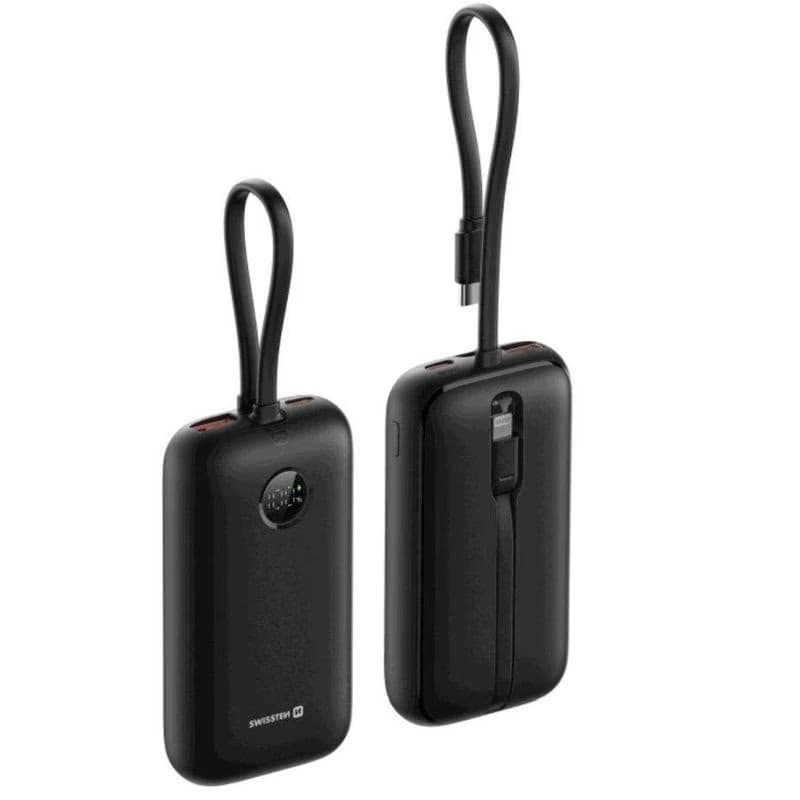 SWISSTEN POWER BANK VOLTBOX 35W 10000 mAh S INTEGROVANÝMI KÁBLAMI USB-C A LIGHTNING ČIERNA 2