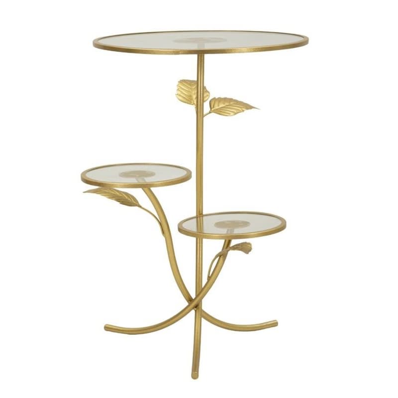Estila Dizajnový glamour okrúhly zlatý kovový príručný stolík Natura Elegante s florálnym motívom a sklenenými doskami 69 cm 1