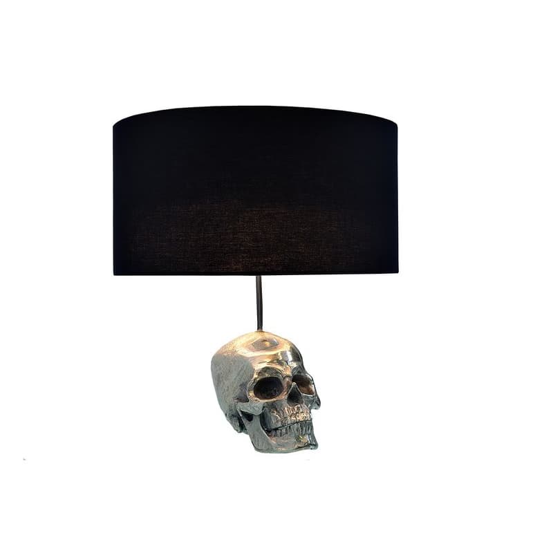 Estila Štýlová glamour okrúhla kovová strieborná stolná lampa Skull s nohou v podobe lebky a čiernym textilným tienidlom 44 cm