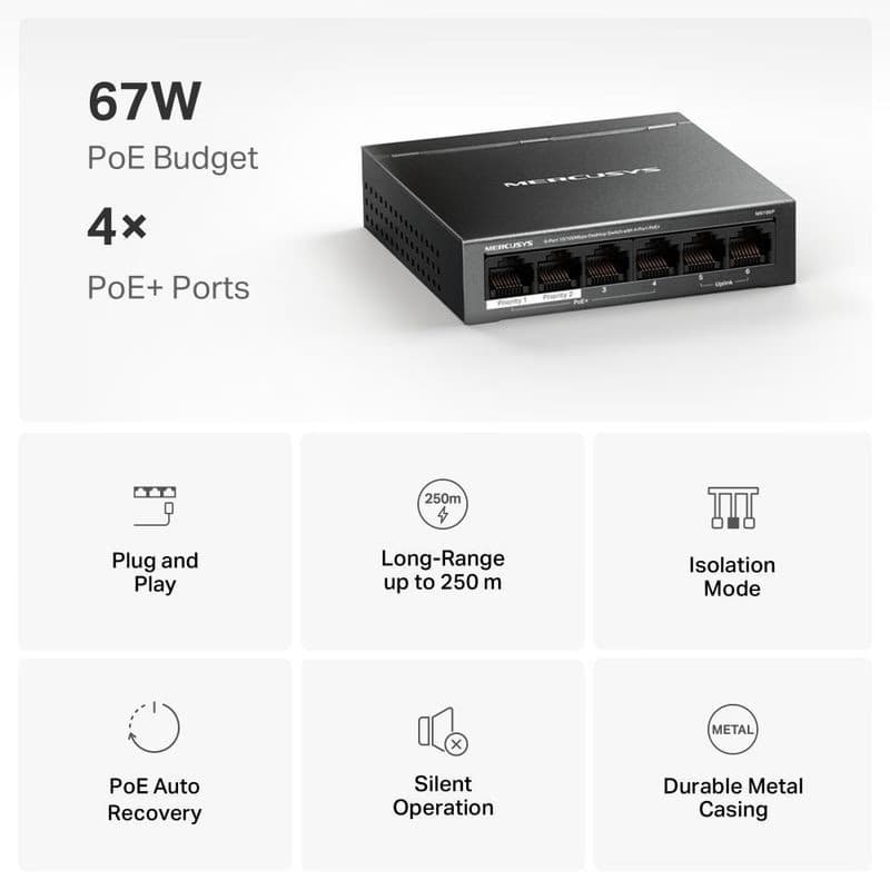 MERCUSYS switch MS106P (6x100Mb/s, 4xPoE+, 67W, fanless) 4
