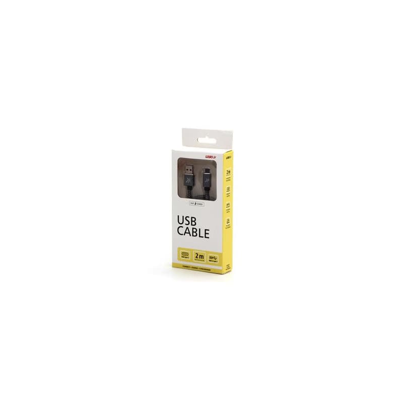 Logo USB kábel (3.2 gen 1), USB A samec - USB C samec, 2m, 5 Gb/s, 5V/2A, šedý, box, kovové opletenie, hliníkový kryt konektora, DO 3