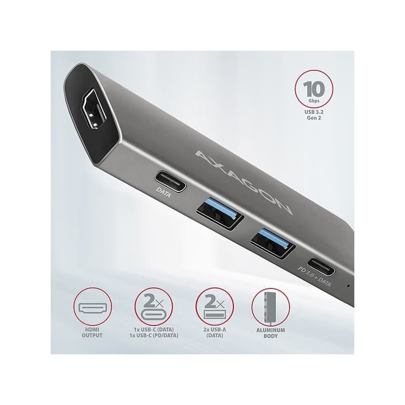 AXAGON HMC-5G2, USB 10Gbps húb, porty 2x USB-A, 2x USB-C, HDMI 4k/60, PD 100W, kábel USB-C 13cm 2