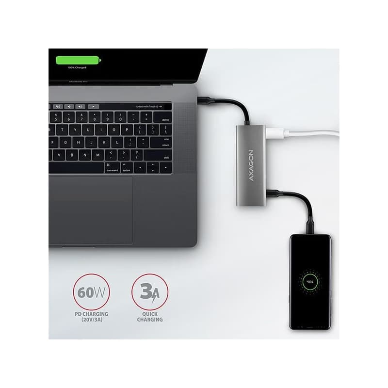 AXAGON HMC-5G2, USB 10Gbps húb, porty 2x USB-A, 2x USB-C, HDMI 4k/60, PD 100W, kábel USB-C 13cm 4