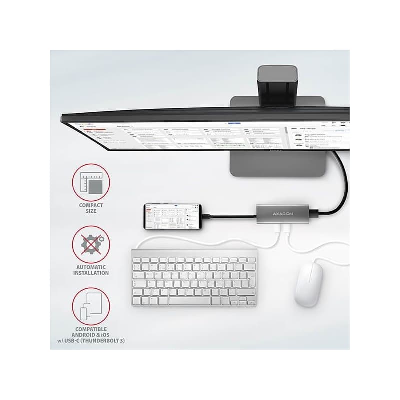 AXAGON HMC-5G2, USB 10Gbps húb, porty 2x USB-A, 2x USB-C, HDMI 4k/60, PD 100W, kábel USB-C 13cm 6