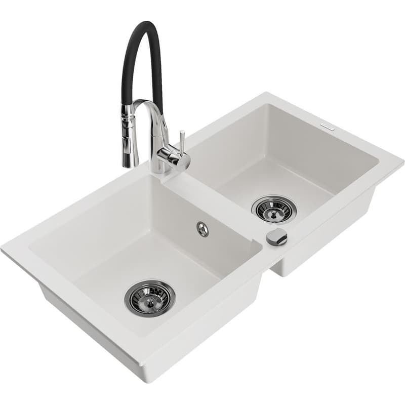 MEXEN/S MEXEN/S - Mario granitový drez 2-bowl vrátane batérie Aster, biela 6504-20-73450-07-B 1