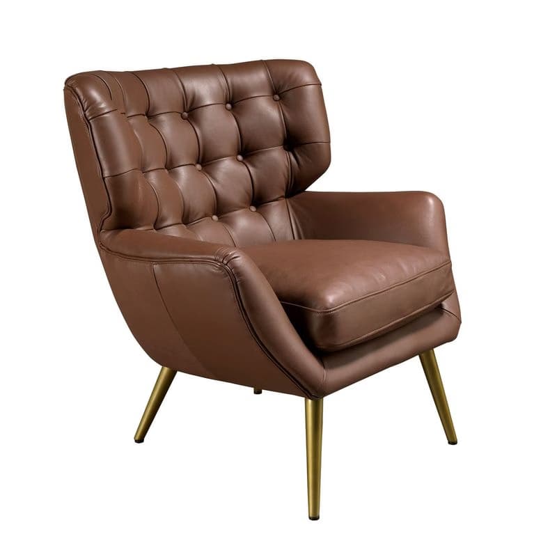 Estila Luxusné moderné kreslo Sayron s tmavým hnedým poťahom z pravej kože s chesterfield prešívaním a zlatými nohami 85 cm 1