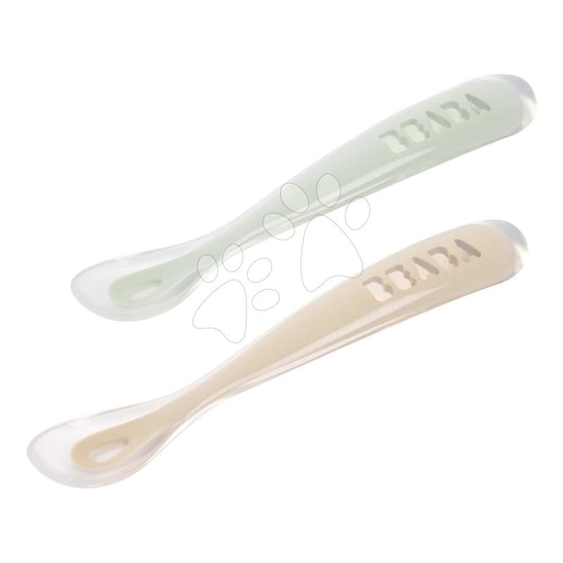 Prvé tréningové lyžičky First Age Silicone Spoons Clay Misty Green Duo Beaba zo silikónu na samostatné jedenie v praktickom obale 2 kusy hnedo-zelené od 4 mes