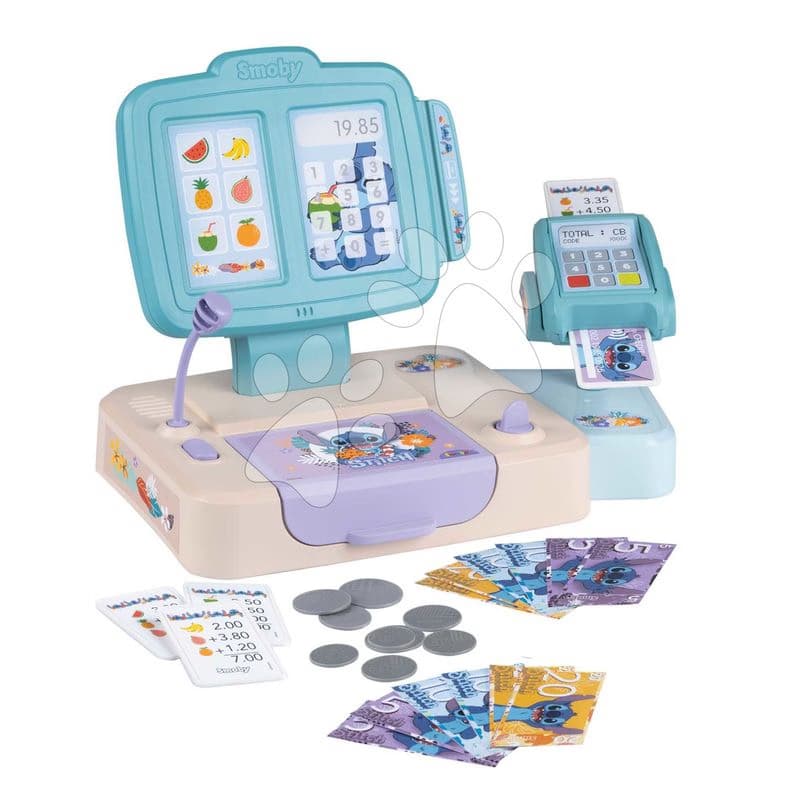 Registračná pokladňa Stitch Cash Register Smoby s otvárateľnou pokladňou a platobným terminálom 26 doplnkov
