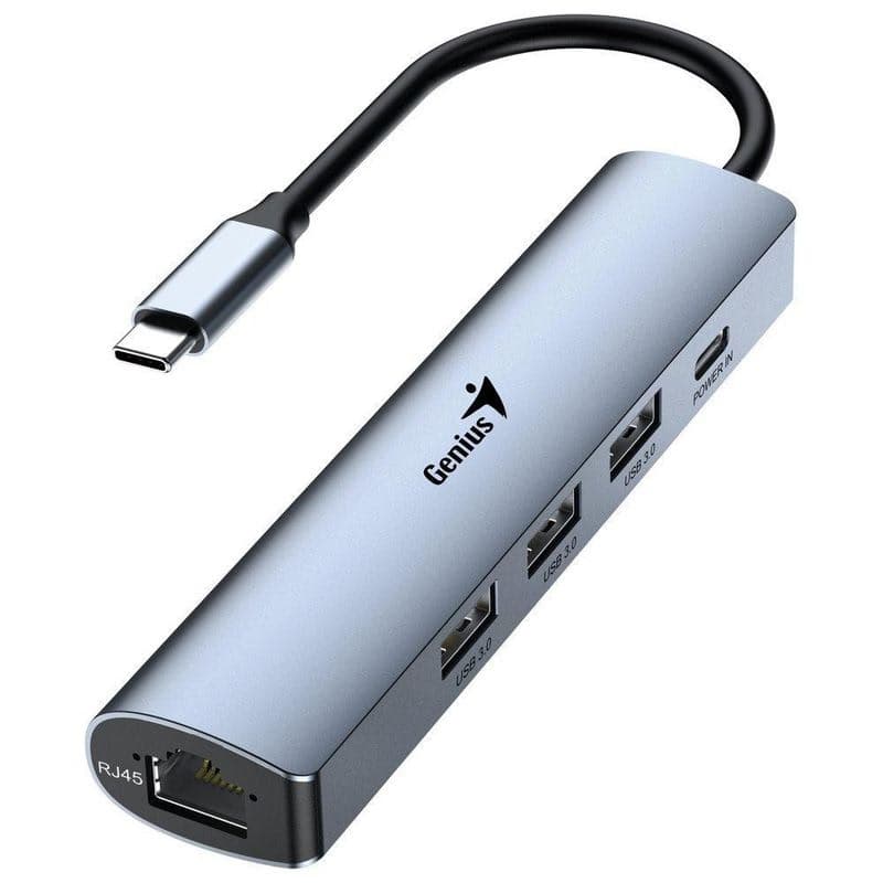 Genius UH-545 USB Hub, externý, USB-C na 3× USB 3.0, 1× USB-C, RJ-45 Gigabit Ethernet, 15cm, šedý 1