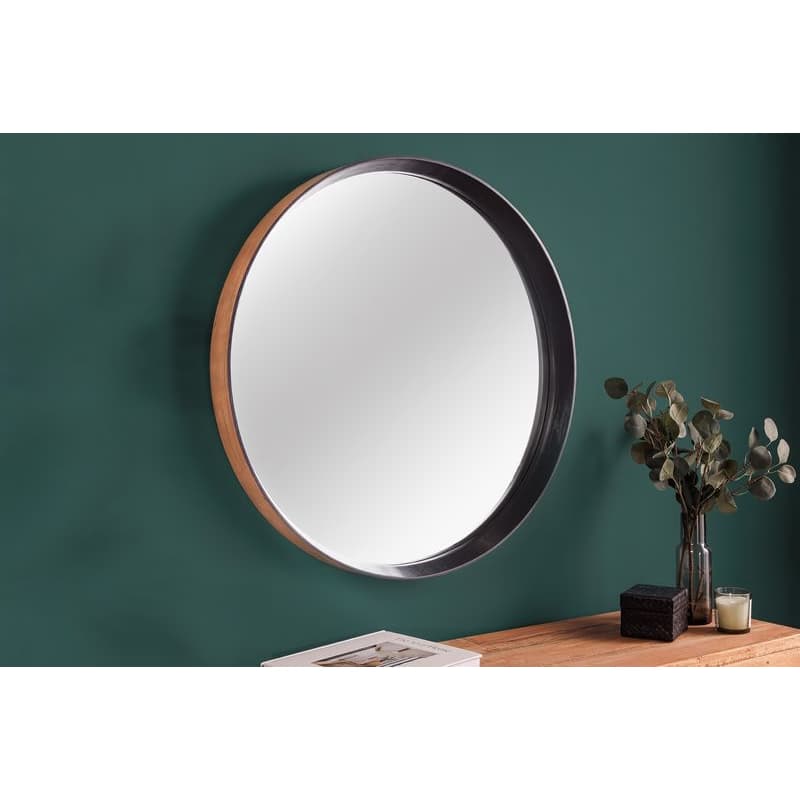 Estila Moderné okrúhle nástenné zrkadlo Courbé s vyvýšeným rámom z dubového dreva v čiernej a prírodnej hnedej farbe 70 cm 1