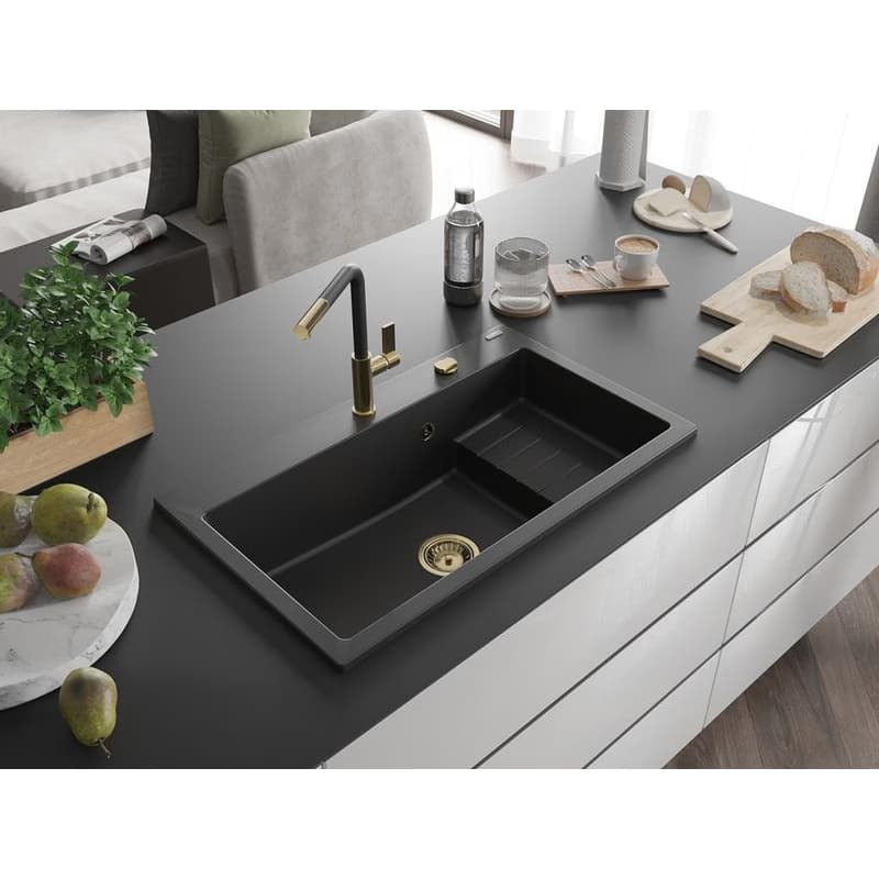 MEXEN/S MEXEN/S - Omar granitový drez 800 x 480 mm, čierna, zlatý sifón 6520801005-77-G 2