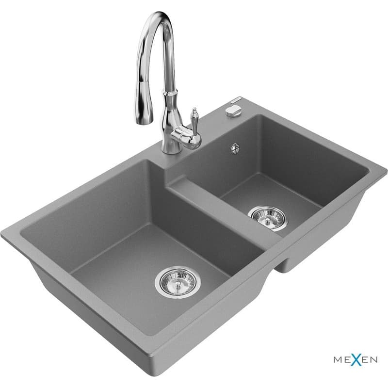 MEXEN/S MEXEN/S - Tomas granitový drez 2-bowl vrátane batérie Savita, šedá 6516-71-672601-00