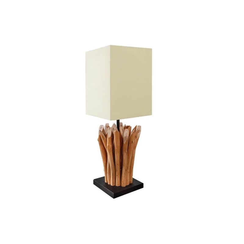 Estila Etno štvorcová masívna stolná lampa Roots s krémovým ľanovým tienidlom a dekoratívnou nohou z drevených konárov 55 cm